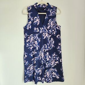 Ivanka Trump Size M Navy Blue Floral V-Neck Keyhole Sleeveless Dress Knee Length